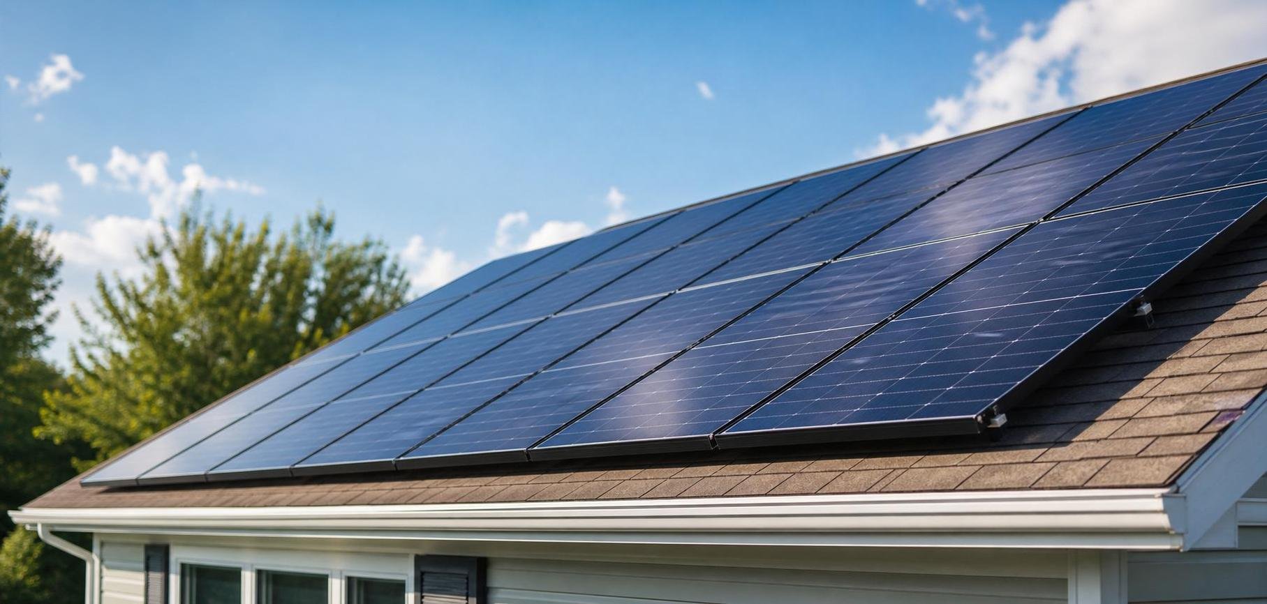 Close-up of rooftop solar panels on an American home in warm daylight with crisp reflections and the house roofline in the background.
