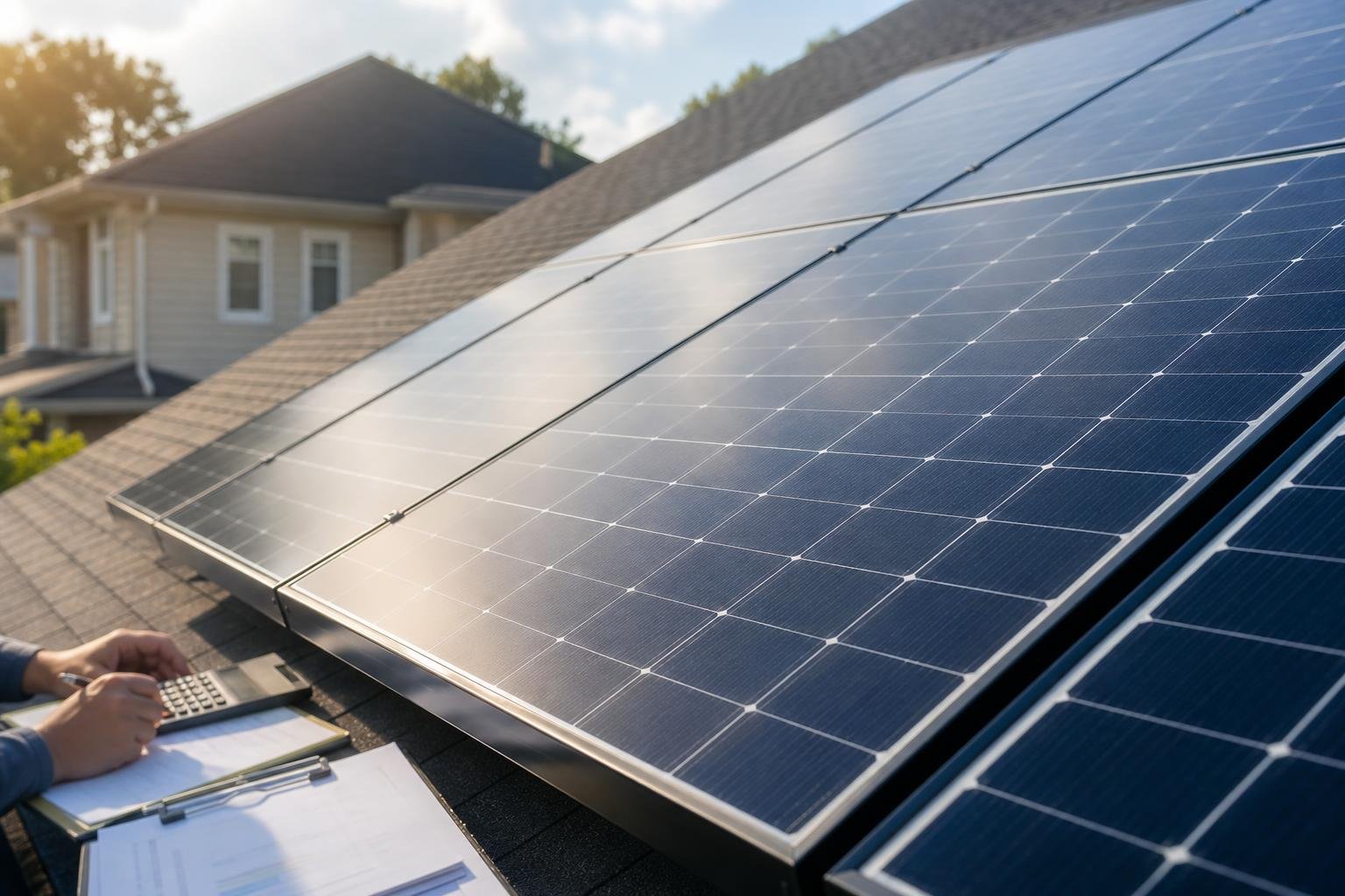 Residential solar panels in close view with a softly blurred homeowner reviewing paperwork in the background, suggesting solar incentive planning.